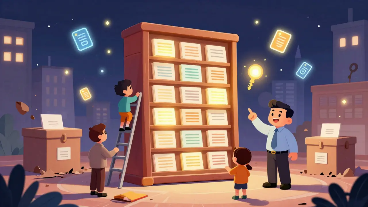 A giant cartoon blockchain ledger in a city square, with people climbing to read public vote records.