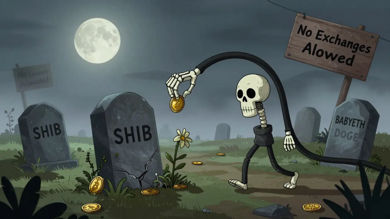 A graveyard of crypto coins with a cracked tombstone for BABYETH, overgrown with weeds, under a cold moon.