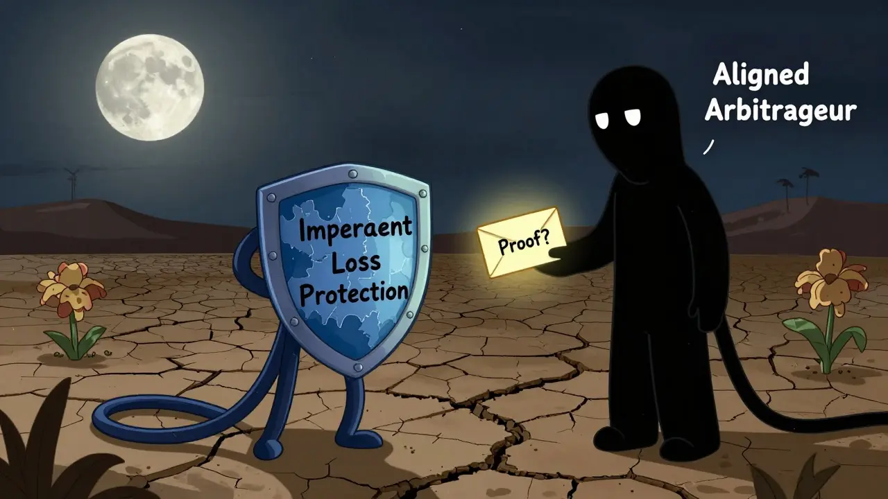 A liquidity provider nervously accepts an unopened envelope from a mysterious figure beside a dried-up trading pool.