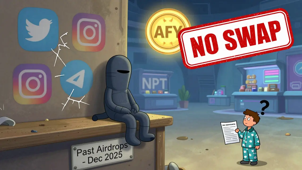 A lonely ART token on a dusty shelf labeled 'Past Airdrops', while a glowing AFY token floats far away with a 'NO SWAP' stamp.