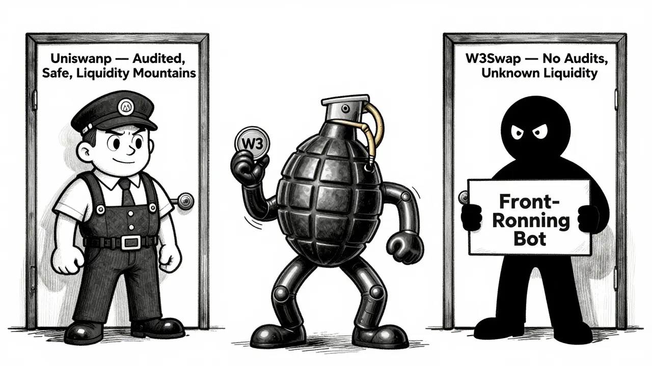 A nervous investor hesitates between a safe Uniswap door and a risky W3Swap door with a front-running bot lurking.
