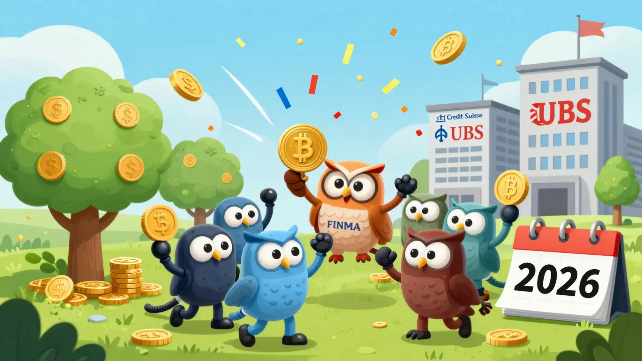 A tiny startup team celebrates in Zug, Switzerland, surrounded by coin-growing trees and a friendly owl giving a license.