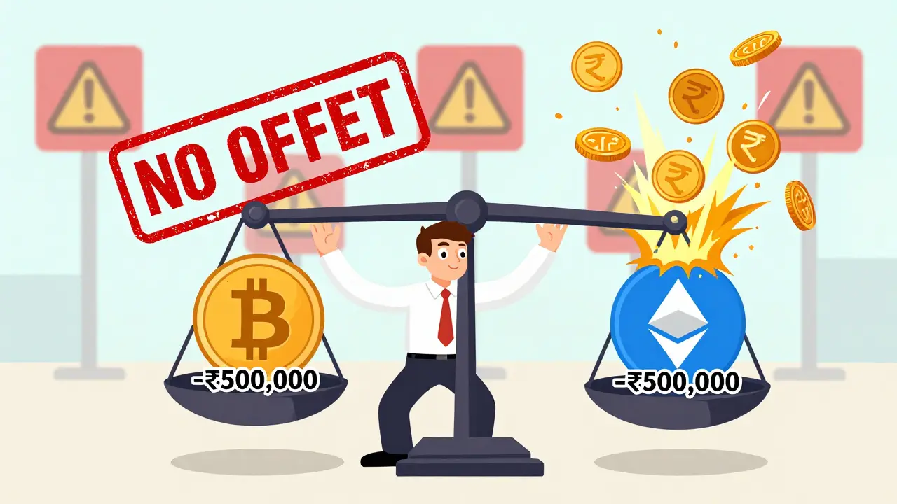 A trader's crypto loss and profit balanced on scales, with a 'NO OFFSET' stamp crushing the loss side.