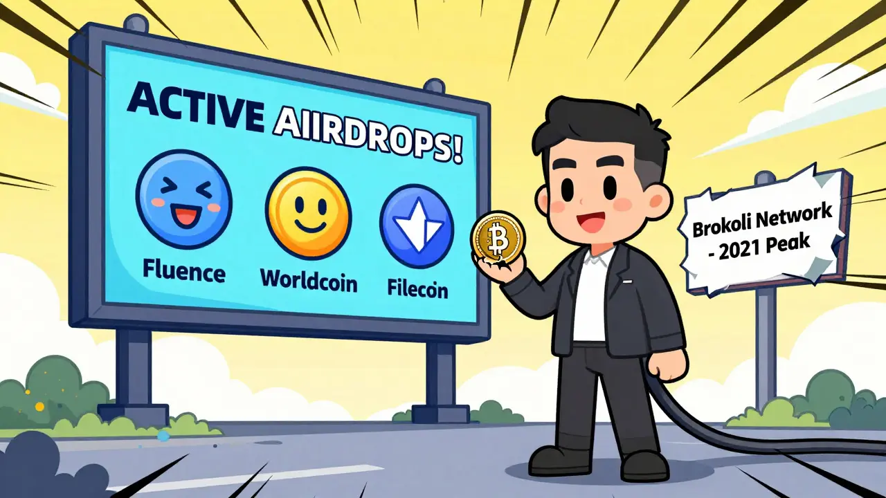 A trader holds a nearly worthless BRKL token while vibrant new crypto projects shine in the background.