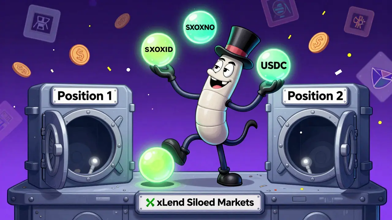 A validator juggling crypto orbs on a platform with separate lending vaults, one orb falling safely.