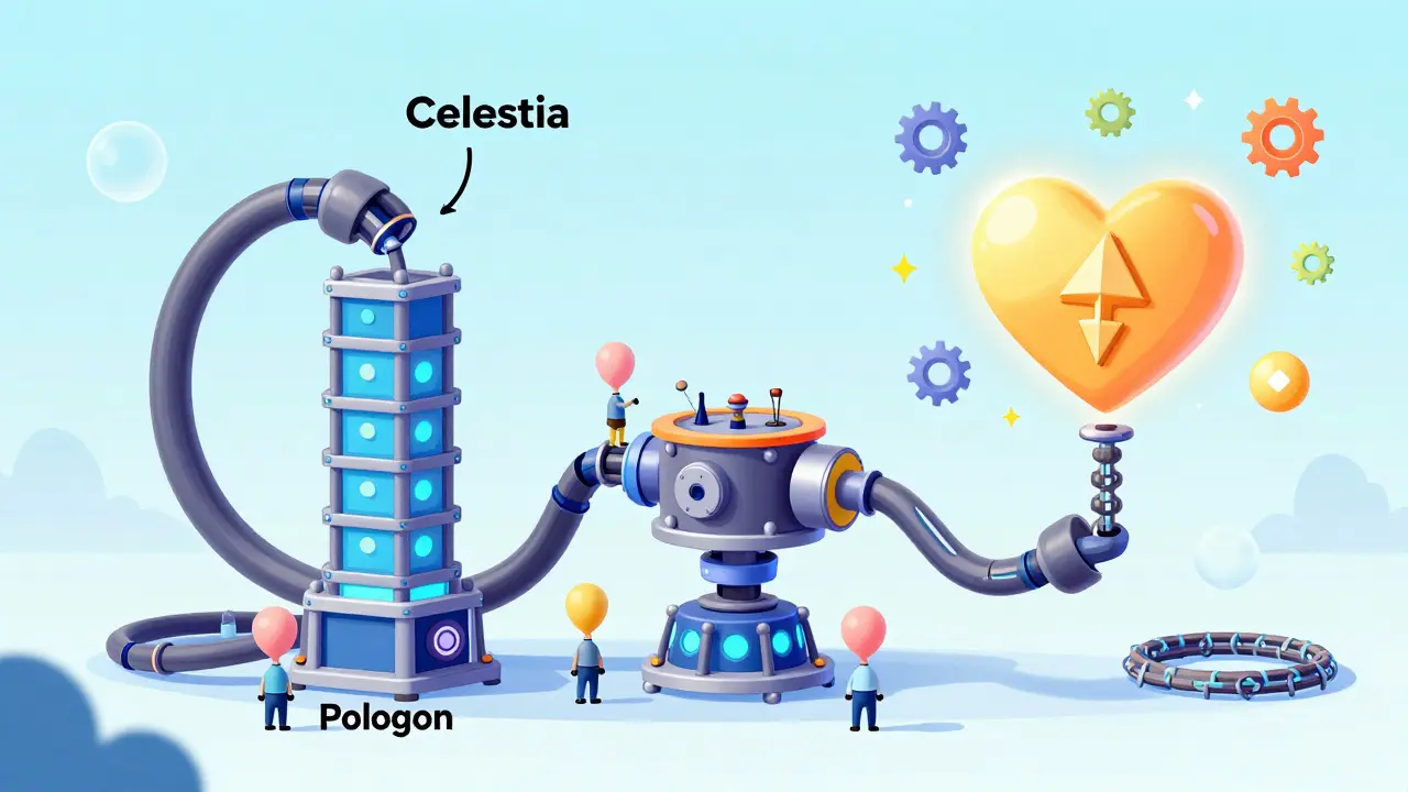 A whimsical modular blockchain factory with separate parts labeled Celestia, Polygon, and ETH connected by glowing chains.