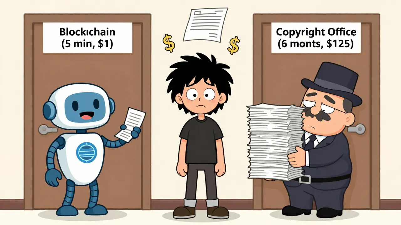 An indie musician torn between fast blockchain registration and slow official copyright office with exaggerated expressions.