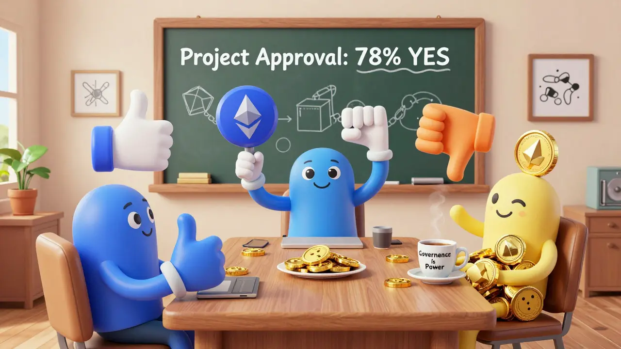 Cartoon community members voting in a DAO meeting with floating thumbs and blockchain doodles.