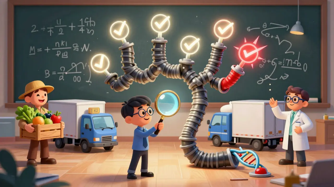 Cartoon entrepreneur examining a wobbly Geeq chain with happy enterprise clients watching.