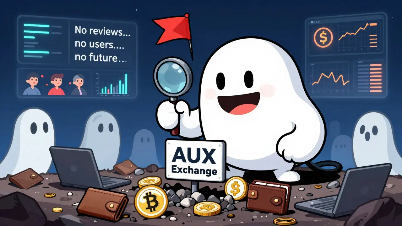 Coingecko mascot examining a buried AUX Exchange sign in a landfill of discarded crypto logos.