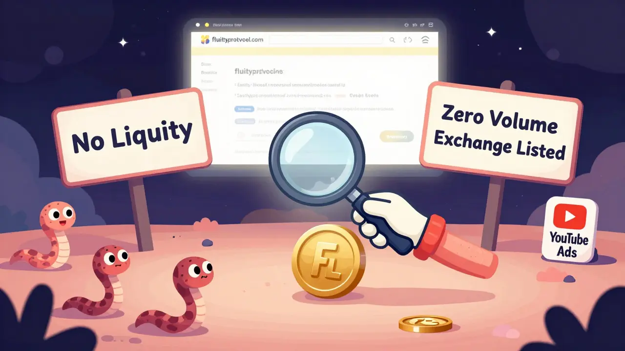 Explorer finds lonely FLTY token with zero volume signs, safe website glowing in distance.