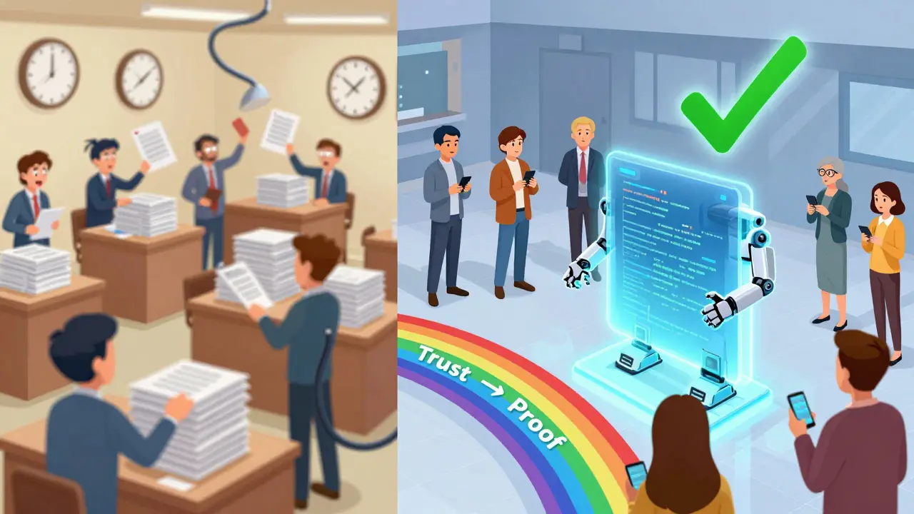 Split scene: chaotic old election room vs. clean digital voting plaza with a code robot counting votes.