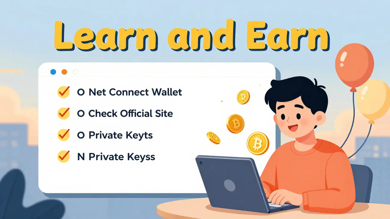 User safely earning USDT via CoinMarketCap Learn and Earn, safety tips floating like balloons.