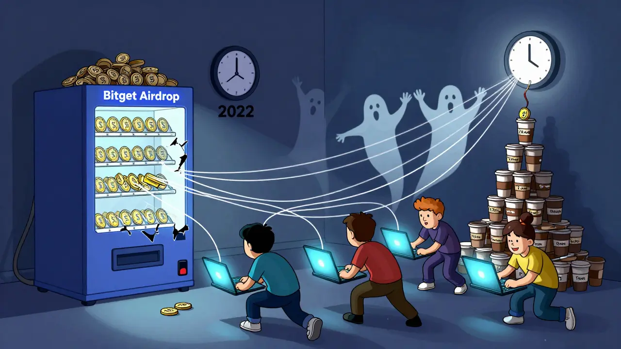 Users stretching to pull endless SISHI tokens from a broken vending machine under a frozen clock.