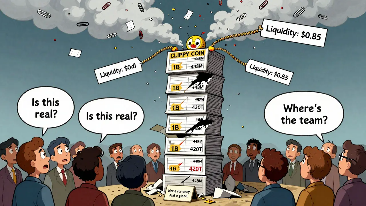 A crumbling tower of conflicting CLIPPY supply numbers collapses as confused investors stare below, with a sign reading 'Not a currency. Just a glitch.'
