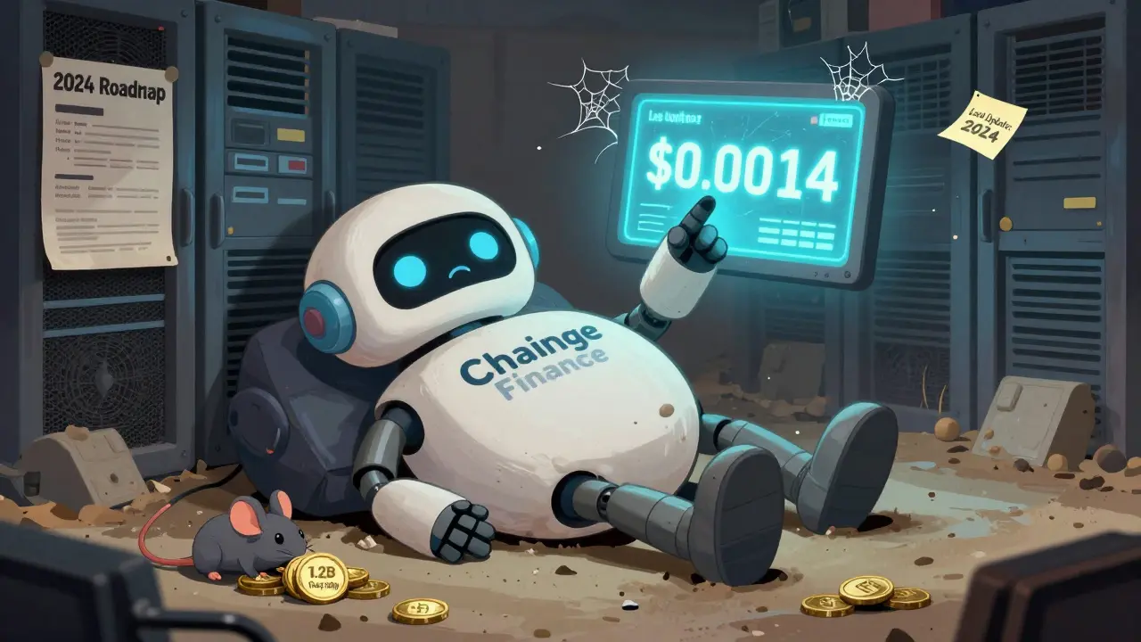 A deflated robot named Chainge lies abandoned in a dusty server room with a fading price screen.