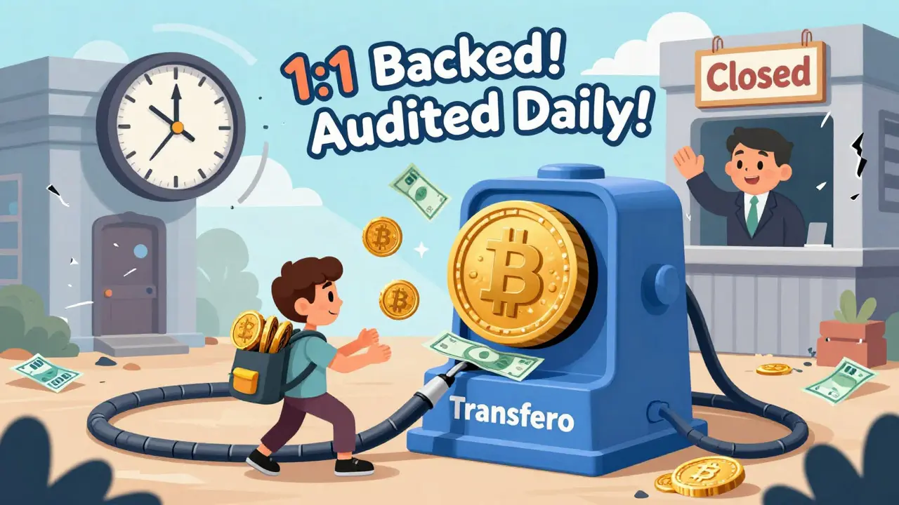 A freelancer feeding Bitcoin into a BRZ machine that outputs Brazilian Real notes, with a crumbling bank in the background.