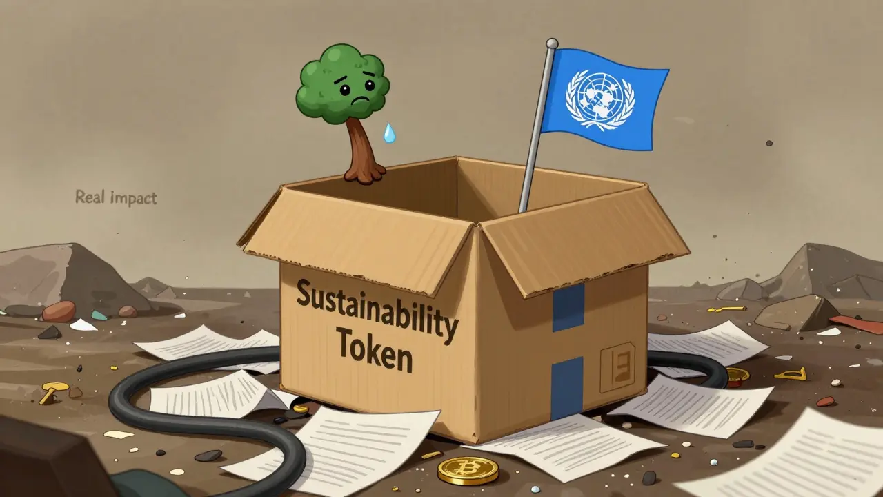 A hollow 'Sustainability Token' box sits abandoned in a landfill of whitepapers, with a fading UN flag inside.