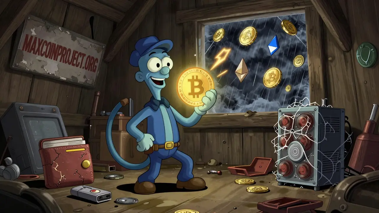 A lone collector holding a MAX token amid forgotten crypto gear in a dusty attic.