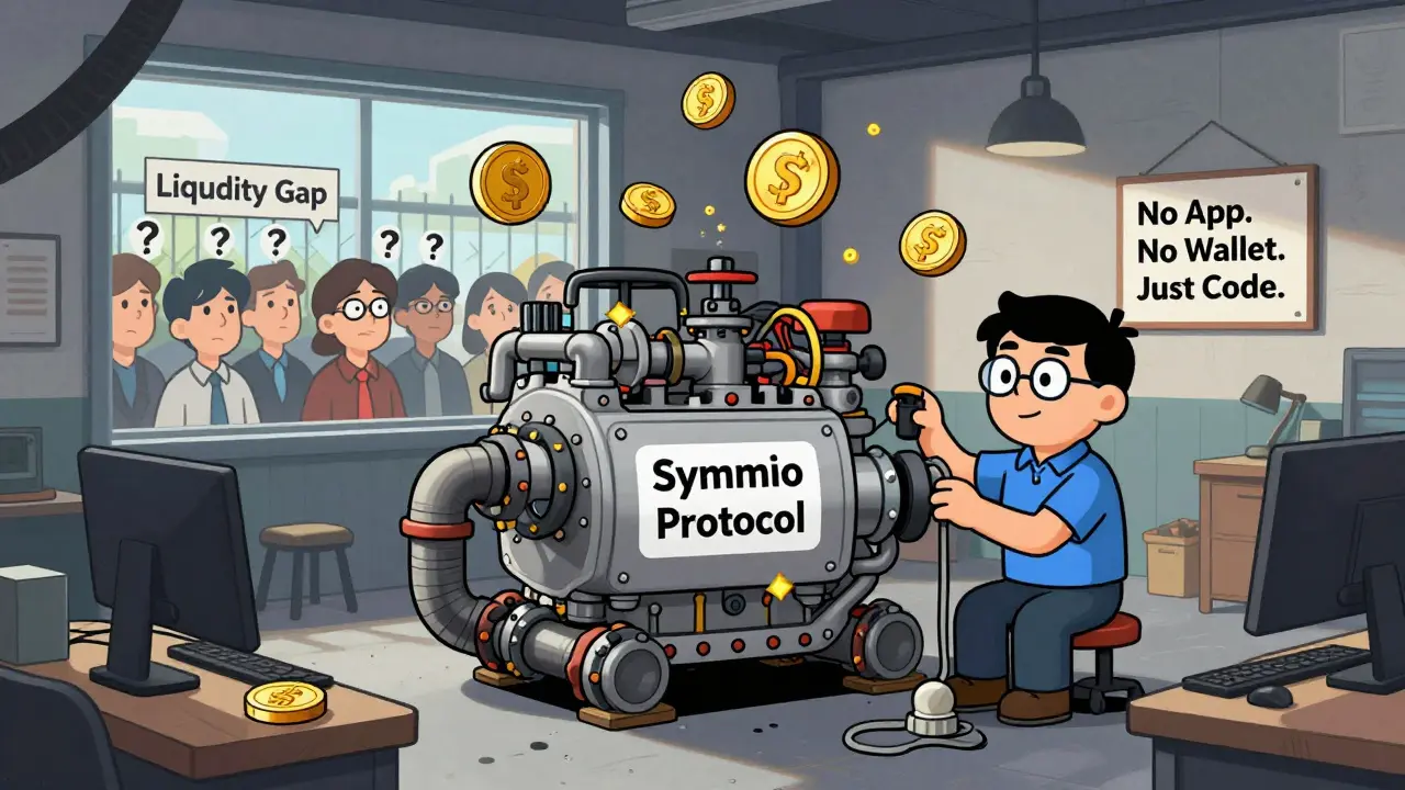A lone developer builds the Symmio engine in a garage while confused traders watch outside.
