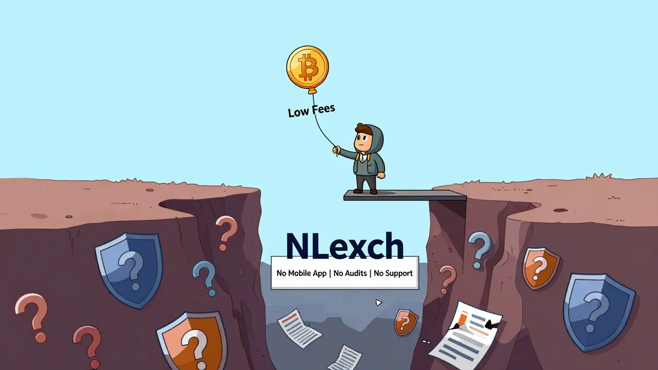 A lone trader stands on a floating platform labeled NLexch, with only Bitcoin and Litecoin as companions, surrounded by missing security and support elements.