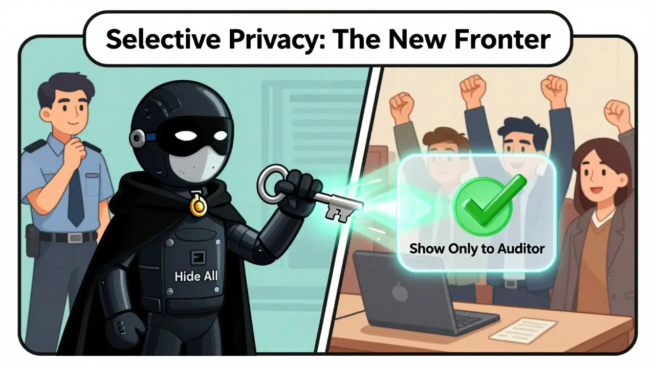 A masked privacy coin holding a key that splits into two paths: one hidden, one shown to an auditor, symbolizing compliant privacy.