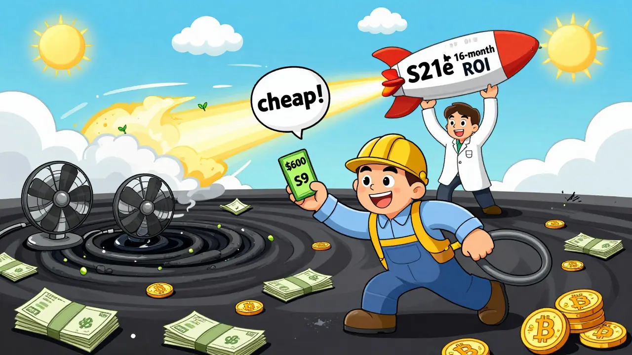 A miner pulled into a vortex of bills by an old miner, while a new miner launches into profit clouds on a rocket labeled '16-month ROI'.