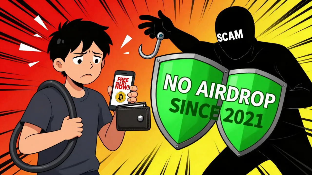 A person is tricked by a fake BLP airdrop ad while a scammer tries to steal their wallet, blocked by a warning shield.