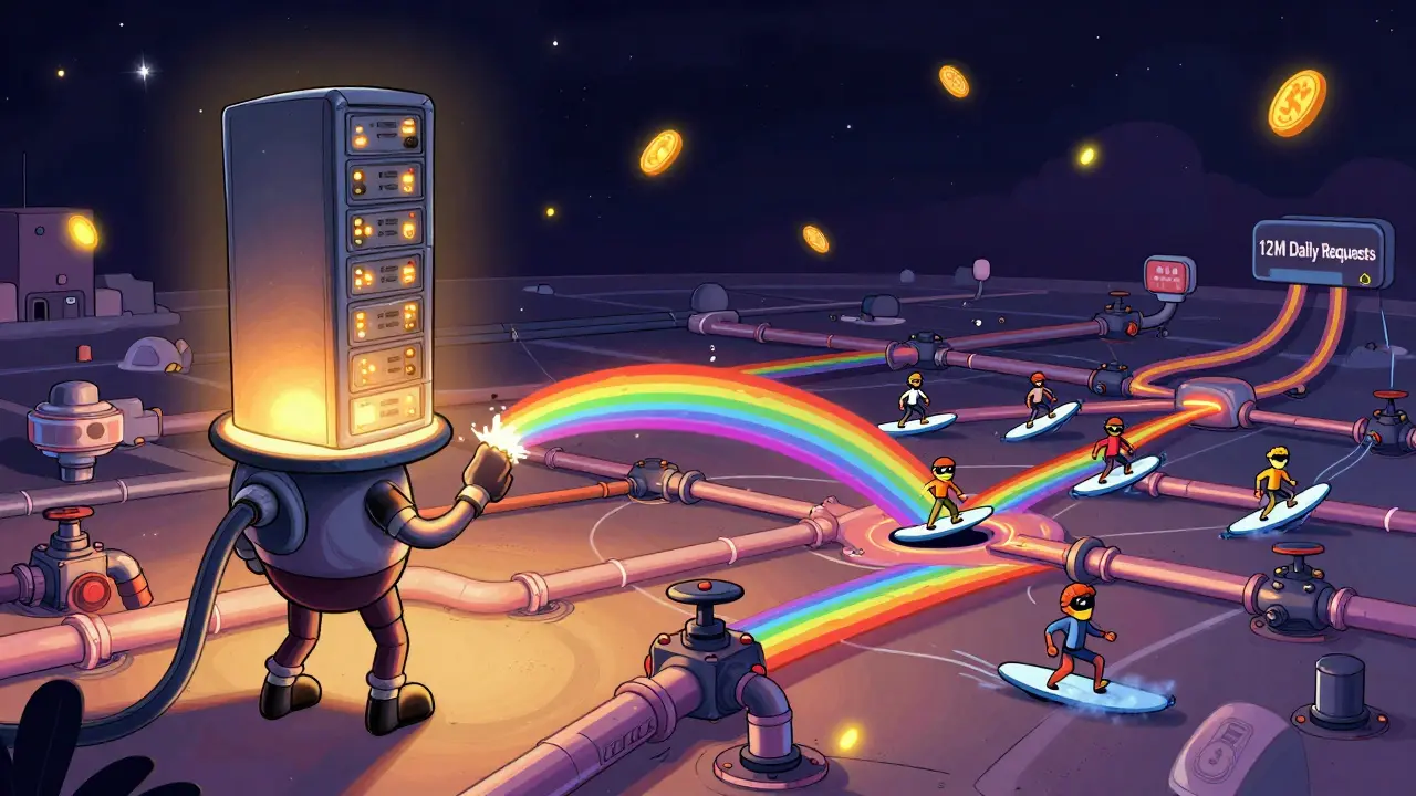 A person with a server tower sending encrypted data through a glowing mixnet web, with token fireflies in the sky.