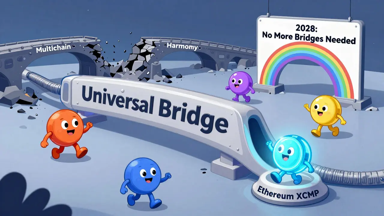 A sleek universal bridge connects blockchains while old ones crumble, symbolizing future interoperability.