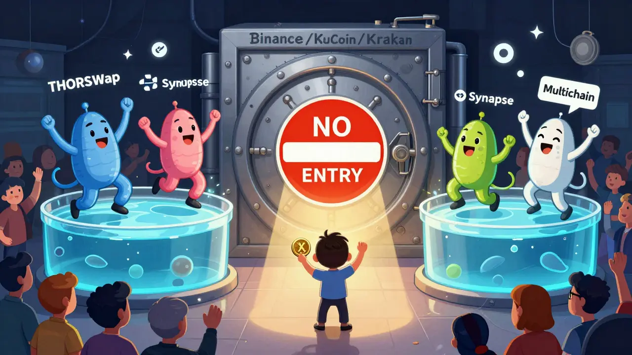 A tiny user tries to unlock a vault labeled Binance while other crypto platforms celebrate nearby.