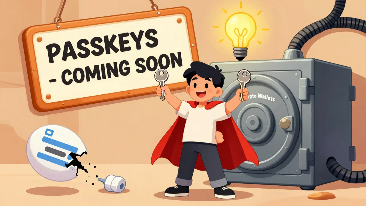 A user holds two hardware keys like capes beside a crypto vault, with a flickering passkey sign in the background.
