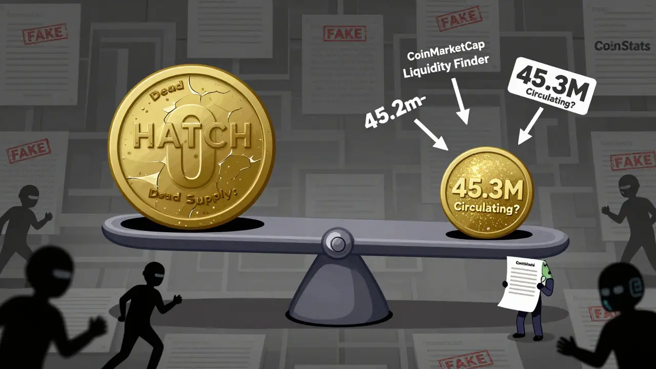 A wobbly scale balancing a dead HATCH coin against a tiny one with conflicting numbers above it.
