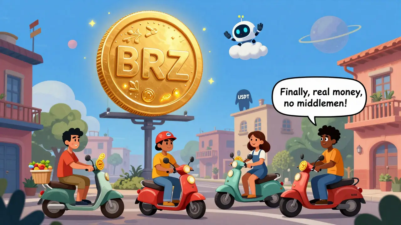 Brazilians using BRZ tokens to pay for everyday services in a colorful neighborhood with a glowing BRZ billboard in the sky.