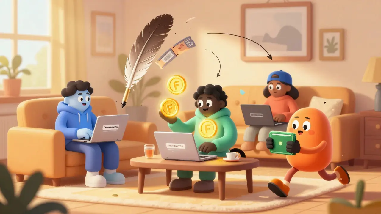 Cartoon characters in a living room retweeting on laptops, juggling FUTURE tokens, and checking wallets with playful motion lines.