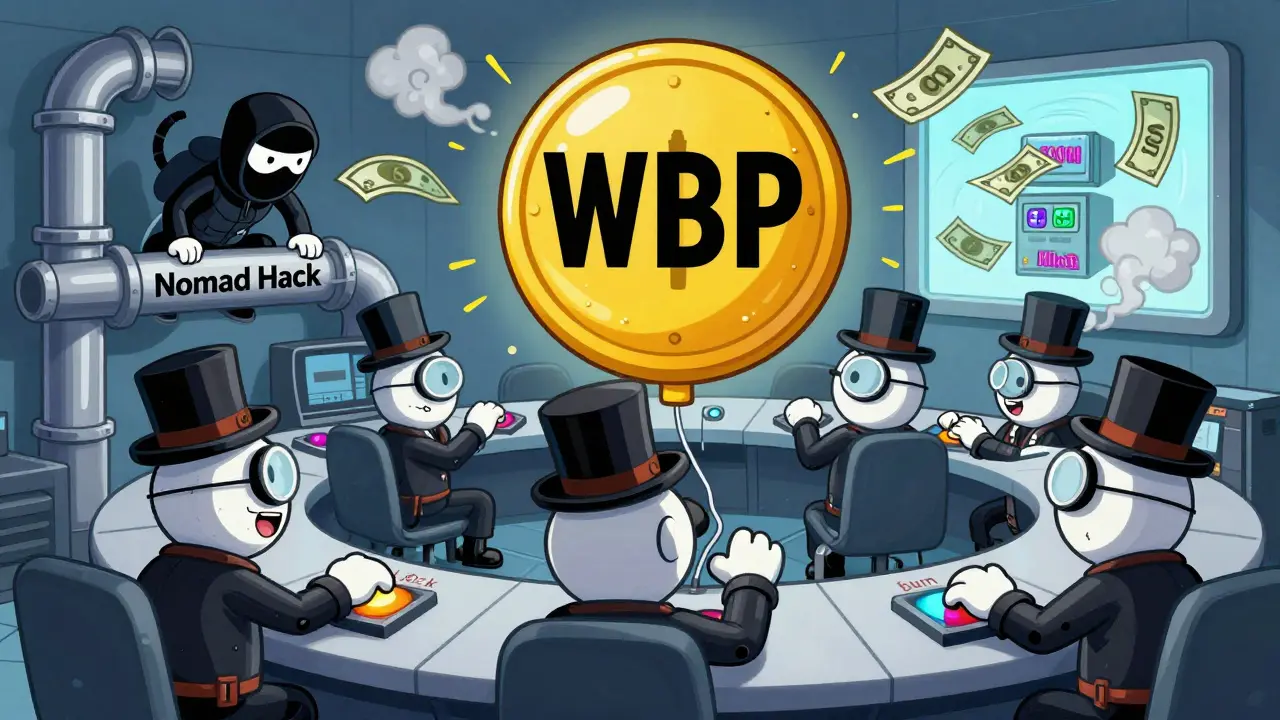 Cartoon validators in a chaotic room as a hacker steals millions from a bridge system.