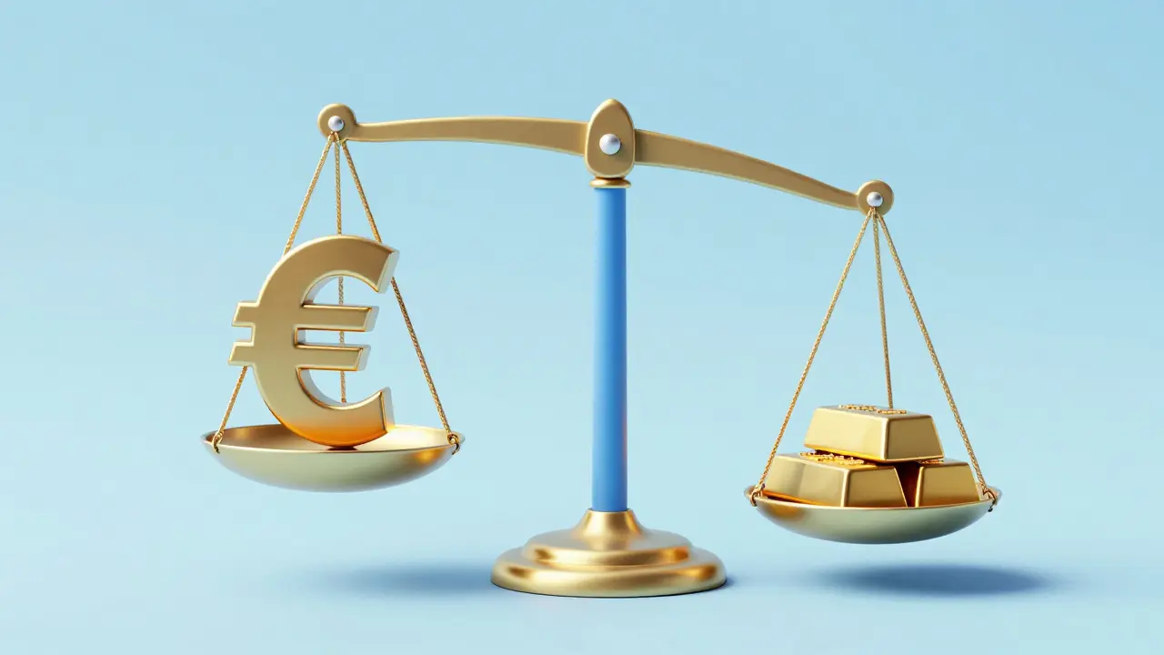Character balancing euro symbol and gold bar on scale