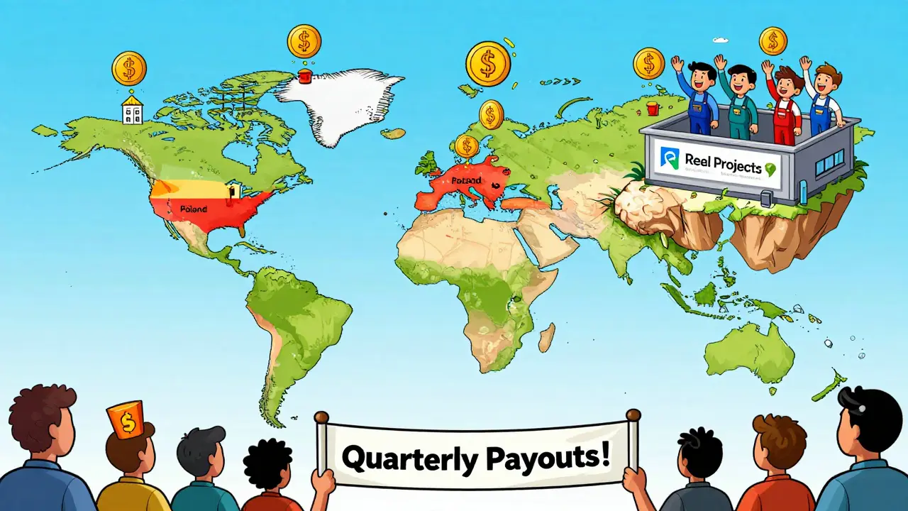 Global map with floating islands showing real projects turning profits into FUTURE tokens, cheered on by smiling users.