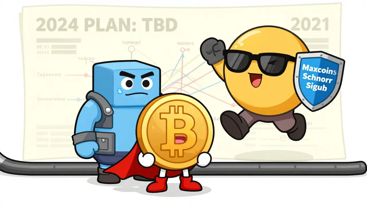Maxcoin character proudly displaying Schnorr signatures as Bitcoin steals them with Taproot sunglasses.