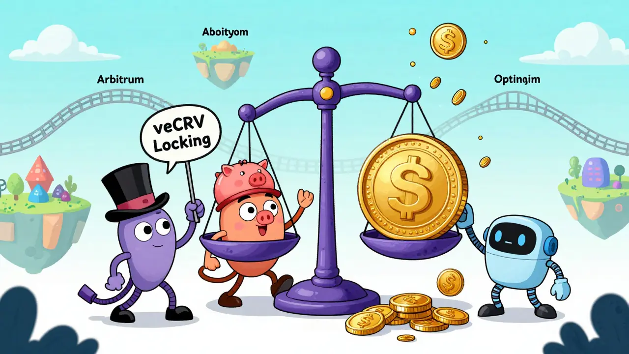 Quirky characters balance a crvUSD scale while multi-chain bridges connect blockchain islands.
