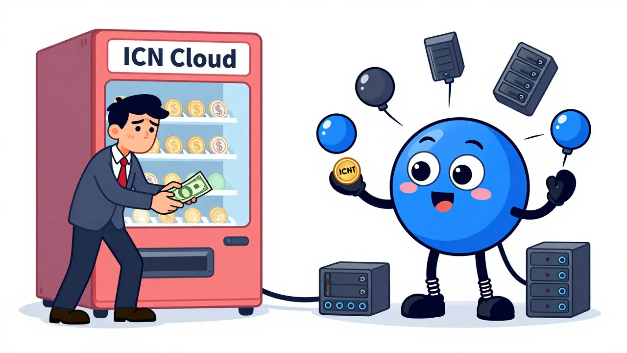 Split scene: a business pays USD to a cloud vending machine while a cheerful node receives ICNT tokens as rewards.
