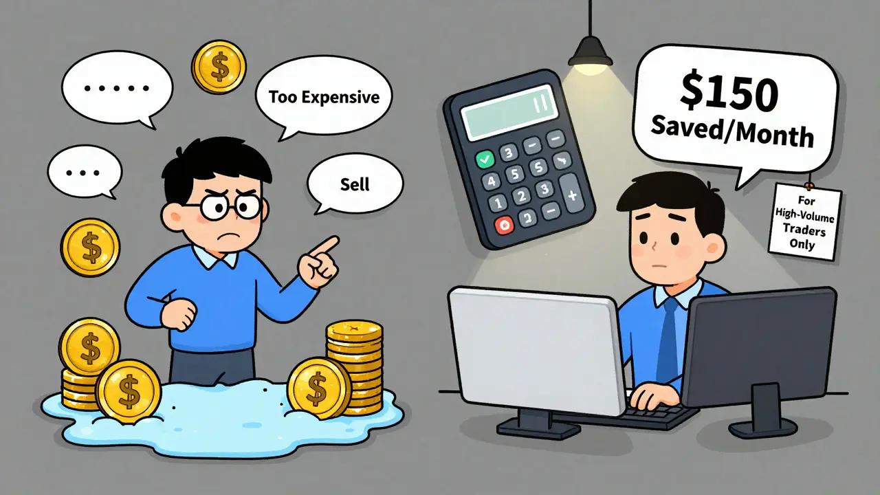 Split scene: left shows a beginner overwhelmed by expensive features, right shows a calm trader saving 0 monthly on a simple trading terminal.