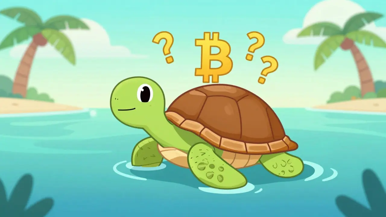 Turtle with question marks and crypto symbol in Caribbean sea