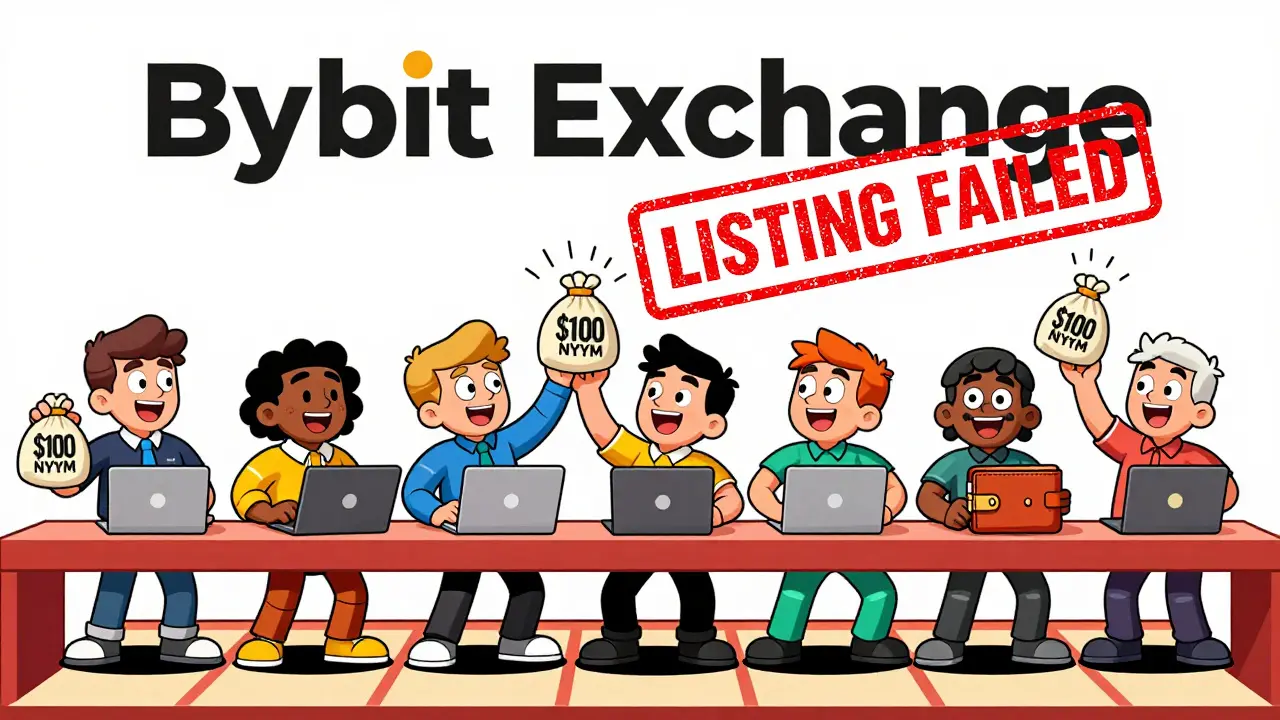 Users at a crypto exchange receiving NYM tokens, one bag vanishing as a 'listing failed' stamp falls.