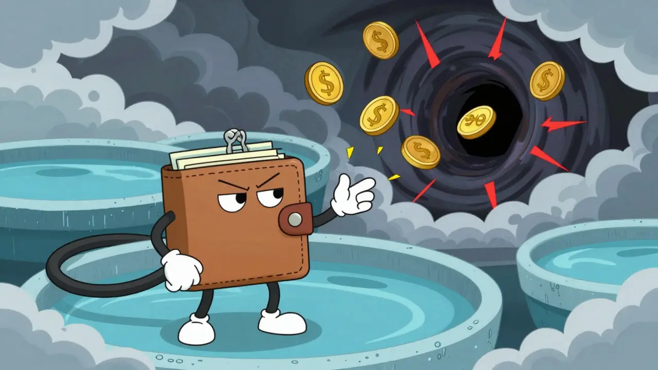 Wallet character facing slippage, gas fees, and transaction failures in a chaotic swap scene.