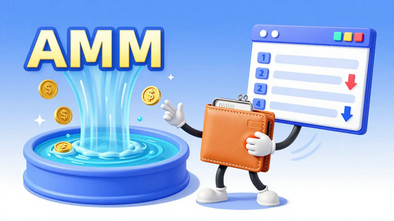 Wallet character interacting with AMM pool and order board, showing hybrid liquidity model.