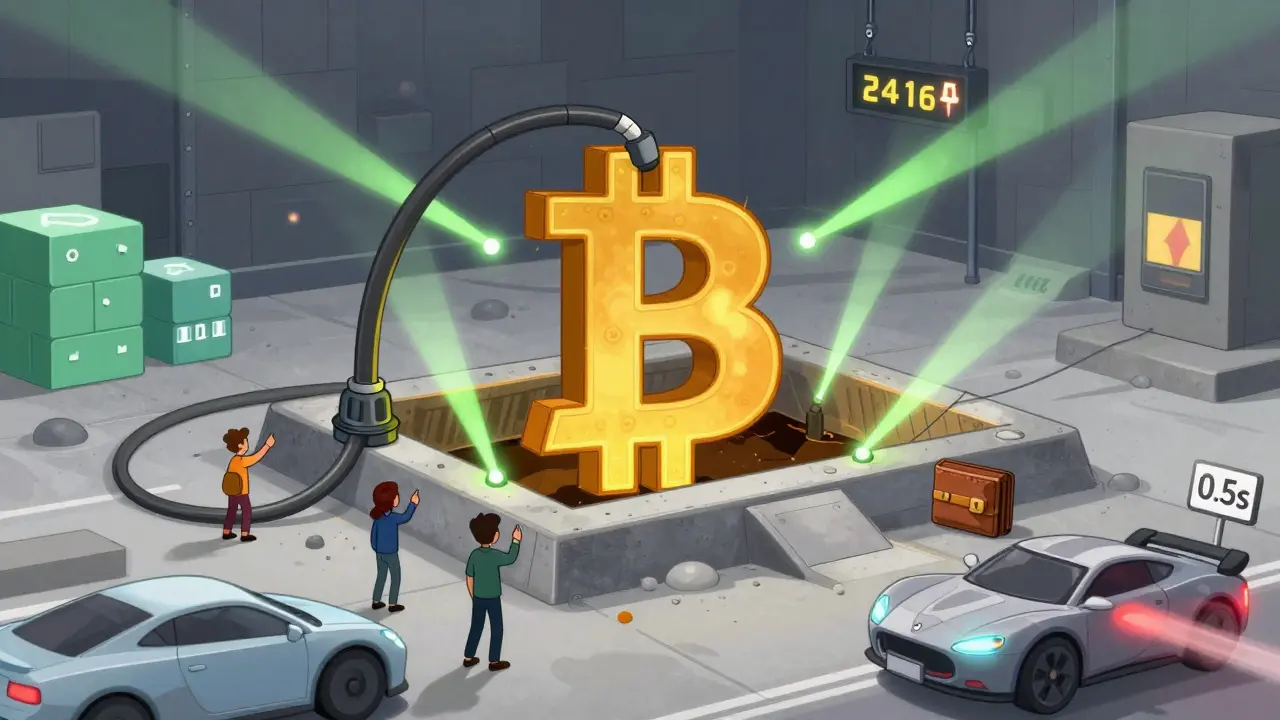 A Bitcoin vault buried under concrete with lasers, contrasted with fast blockchains racing by.