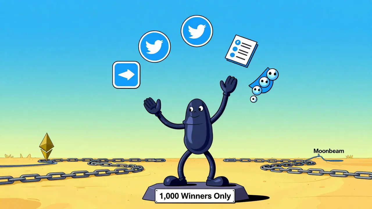 A character juggles five airdrop tasks as floating icons spin around them in a whimsical animation.