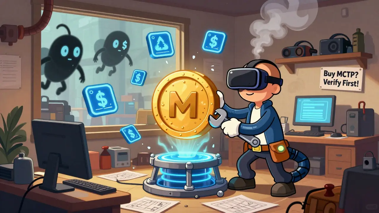 A developer uses a giant MCTP token as a wrench to repair a multi-chain portal, surrounded by floating NFTs and shadowy pump-and-dump bots.