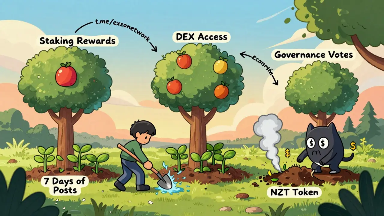 A digital garden grows EXZO-powered rewards as a scam bot fades away, with arrows pointing to the official Telegram link.